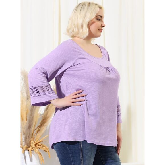 Women's Plus Size Crochet Panel Kimono Raglan Sleeves Tops Light Purple - Picture 4 of 6